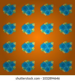 Bright painting inspired rose flower print. Vector seamless background. Beautiful watercolor rose flowers and green leaves in orange, blue and yellow colors.