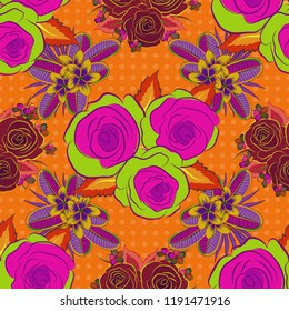 Bright painting inspired rose flower print. Vector seamless background. Beautiful watercolor rose flowers and green leaves in magenta, green and orange colors.