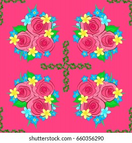 Bright painting inspired rose flower print. Vector seamless background. Beautiful watercolor rose flowers and green leaves on a pink background.