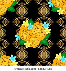 Bright painting inspired rose flower print. Vector seamless background. Beautiful watercolor rose flowers and green leaves on a black background.