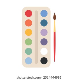 Bright paints in box with paint brush. Painting tools, art supplies. Vector illustration