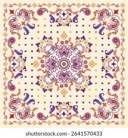 Bright Paisley Bandana Print. Bohemian Ethnic Design on Cream Background. Vector illustration floral and leaf Victorian damask style.