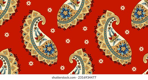 Bright Paisley seamless pattern. Indian buta wallpaper. Design for textile, fabric, web, prints. Vector Paisley ornament