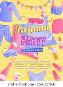 Der Einladungsflyer der Bright Pajama Party. Nachtzeit für Kinder und Eltern, Nachtwäsche, Kissen, Süßigkeiten, Spaß. Poster oder Karte für fröhliche Veranstaltung.Geburtstagsfeier für Kinder in pajamas.Vektorillustration Illustration.