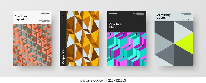Bright pamphlet A4 design vector illustration set. Abstract mosaic shapes book cover layout collection.