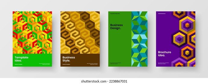 Bright pamphlet A4 design vector illustration collection. Original geometric shapes company cover concept bundle.