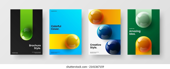 Bright pamphlet A4 vector design illustration set. Colorful 3D balls company cover layout collection.
