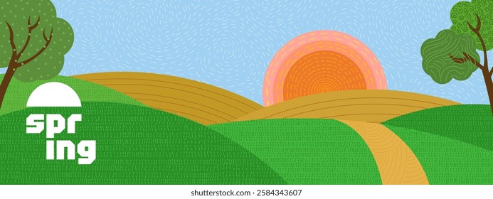 Bright panoramic of lush spring landscape with rolling hills. Golden sunrise, green meadows and peaceful rural fields. Capturing beauty of nature in modern, scenic design. Horizontal flyer