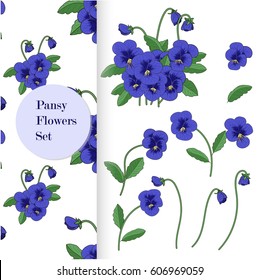 Bright pansy flowers set for your own design and pattern sample on the white background.