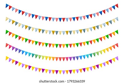 Bright paper bunting party flags set isolated on white background. Carnival garland with flags. Decorative colorful party pennants for birthday celebration, festival decor. Vivid bunting flags.