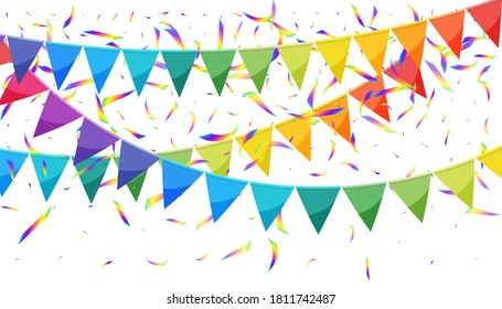 Bright paper bunting party flags isolated on white background. Carnival garland with flags. Decorative party pennants for birthday celebration, festival confetti decor. Colorful bunting flags.