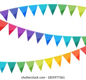 Bright paper bunting party flags background. Carnival garland with flags. Decorative party pennants for birthday celebration, festival confetti decor. Colorful bunting flags.