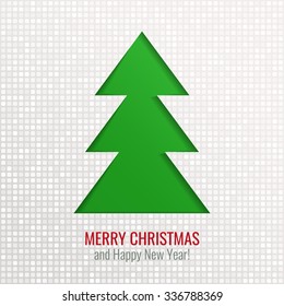 Bright paper cut out vector Christmas tree, holiday greeting card design background with green tree on shiny background and seasonal wishes