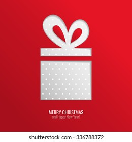 Bright paper cut out vector Christmas gift, red holiday greeting card design background with dotted present and seasonal wishes