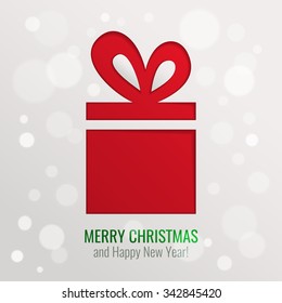 Bright paper cut out vector Christmas gift, holiday greeting card design background with red present, bokeh and seasonal wishes