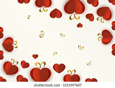 Bright paper hearts and bows on a background of gradient dots, love, celebration, Valentine's Day. Vector illustration for your design.