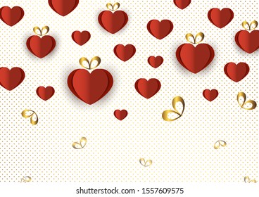 Bright paper hearts and bows on a background of gradient dots, love, celebration, Valentine's Day. Vector illustration for your design.
