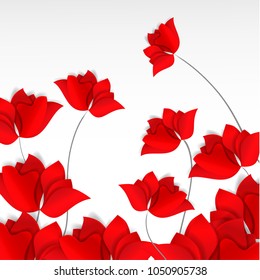 Bright paper-cut style red flowers field on white background. Vector flora spring card for happy mother day, Valentine's, wedding. Design summer garden wallpaper with roses, poppies or tulips