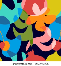 Bright pareo print. Seamless pattern with abstract overlapping shapes. Folorful fruits, leaves and flowers on dark background. Swimwear textile collection.