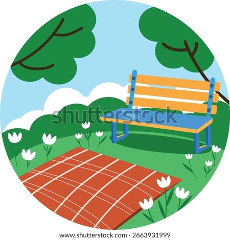 Bright park scene with an empty picnic blanket and a vibrant blue orange bench on lush green grass beneath a clear blue sky and white flowers perfect for peaceful outdoor leisure
