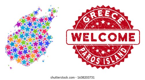 Bright Paros Island map composition of stars, and scratched rounded red WELCOME stamp. Abstract territorial plan in bright color hues. Vector Paros Island map is designed from color stars.