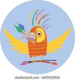 Bright parrot artist with brushes for painting on blue background