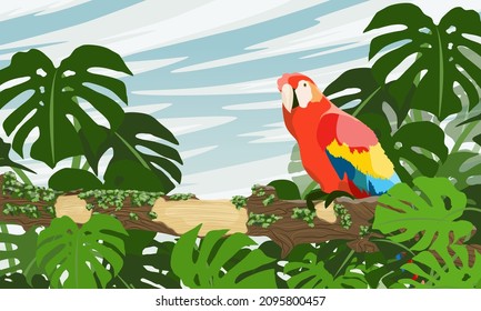 A bright parrot macaw sits on the branches of a tropical tree with moss and large leaves. South America and Africa. Realistic vector landscape