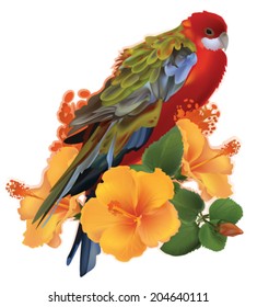 bright parrot and yellow tropical flowers