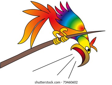 The Bright parrot yells with tree is insulated on white.