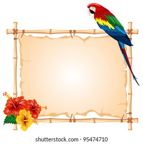 Bright parrots sitting on a bamboo frame, decorated with tropical flowers