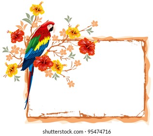 Bright parrots sitting on a branch with tropical flowers