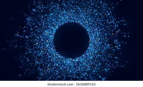 Bright Particle Circle Frame, Radiating Dots in Blue and Orange Tones on Dark Background, Abstract Celebration or Tech Glow. Vector Illustration.