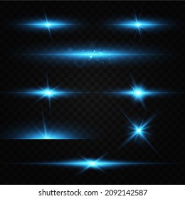 Bright particles, burning blue lights, stars, lasers. Vector.