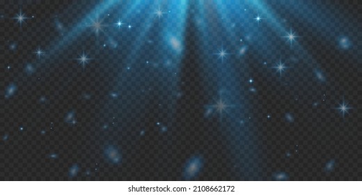 Bright particles, burning blue lights, stars, lasers. Vector.