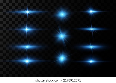 Bright particles, burning blue lights, stars, lasers. Vector.