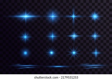 Bright particles, burning blue lights, stars, lasers. Vector.
