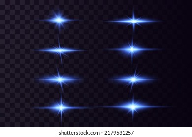 Partículas brillantes, luces azules ardientes, estrellas, láseres. Vector.