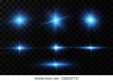 Partículas brillantes, luces azules ardientes, estrellas, láseres. Vector.