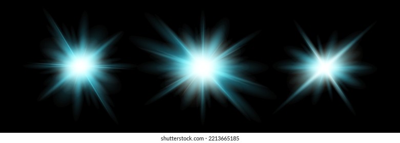 Bright particles, burning blue lights, stars, lasers. Vector.