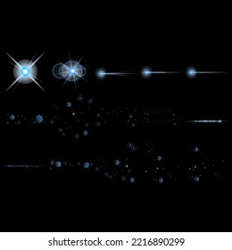 Bright particles, burning blue lights, stars, lasers. Vector.