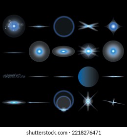 Partículas brillantes, luces azules ardientes, estrellas, láseres. Vector.
