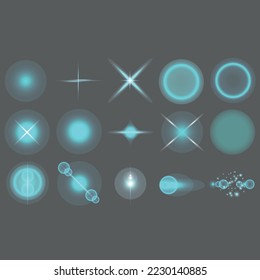 Bright particles, burning blue lights, stars, lasers. Vector.