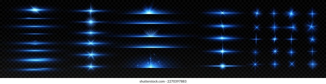 Bright particles, burning blue lights, stars, lasers. Vector.