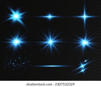 Bright particles, burning blue lights, stars, lasers. Vector.