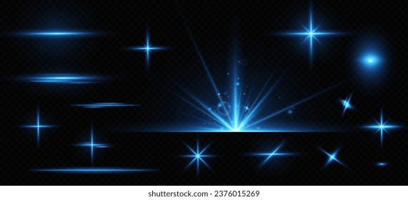 Partículas brillantes, luces azules ardientes, estrellas, láseres. Vector.