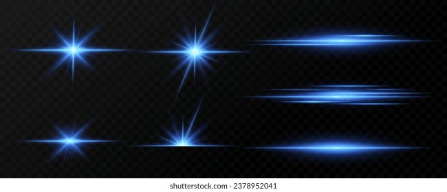 Bright particles, burning blue lights, stars, lasers. Vector.	
