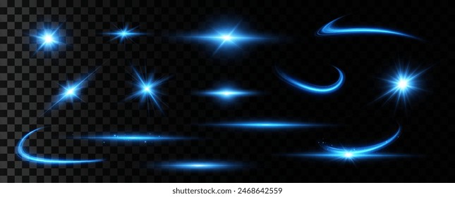 Bright particles, burning blue lights, stars, lasers. Vector.