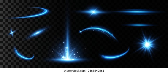 Bright particles, burning blue lights, stars, lasers. Vector.