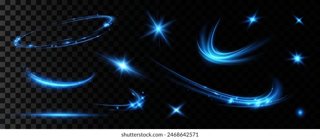 Bright particles, burning blue lights, stars, lasers. Vector.