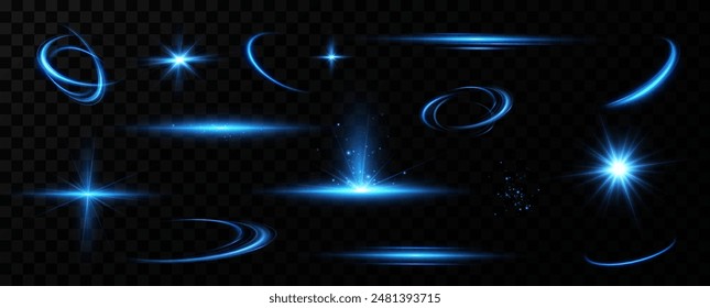 Helle Partikel, brennendes blaues Licht, Sterne, Laser. Vektorgrafik.	
